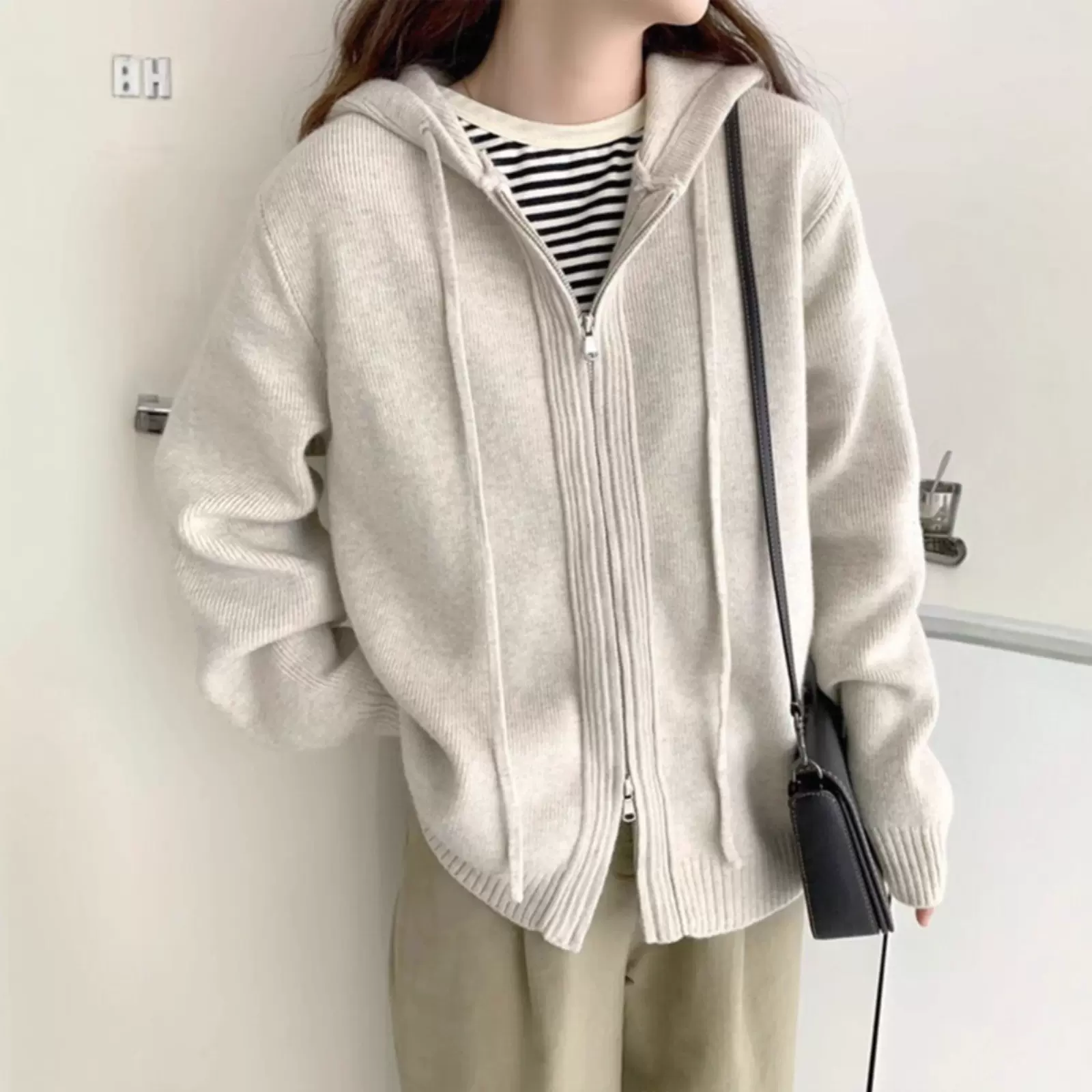 2025春秋冬连帽双拉链毛衣外套女宽松外穿慵懒风加厚卫衣开衫ins