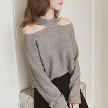 针织衫套头纯色韩版小心机上衣毛衣新款休闲秋冬挂脖露肩女装长袖