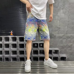 Summer New American High Street Fashion Brand Colorful Jacquard Five-Point Pants Men's Denim Shorts Loose Straight Mid-Pants for Men