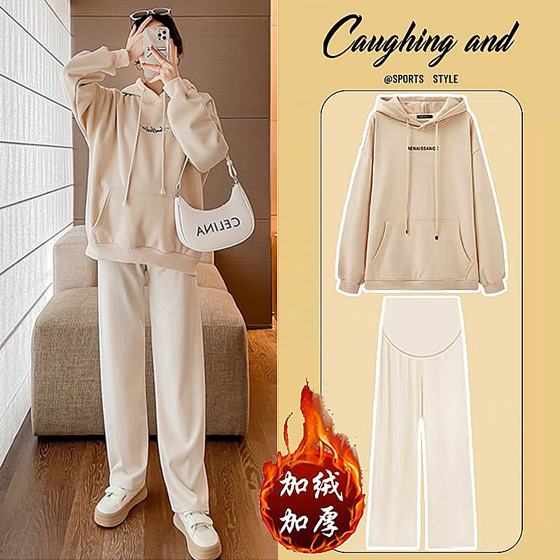 가을, 겨울용 임산부복, 벨벳과 두껍게 처리하여 따뜻함, 한국 스타일, 헐렁하고 배를 가릴 수 있는, 후드가 달린 긴 소매, 캐주얼한 아우터, 전체 세트