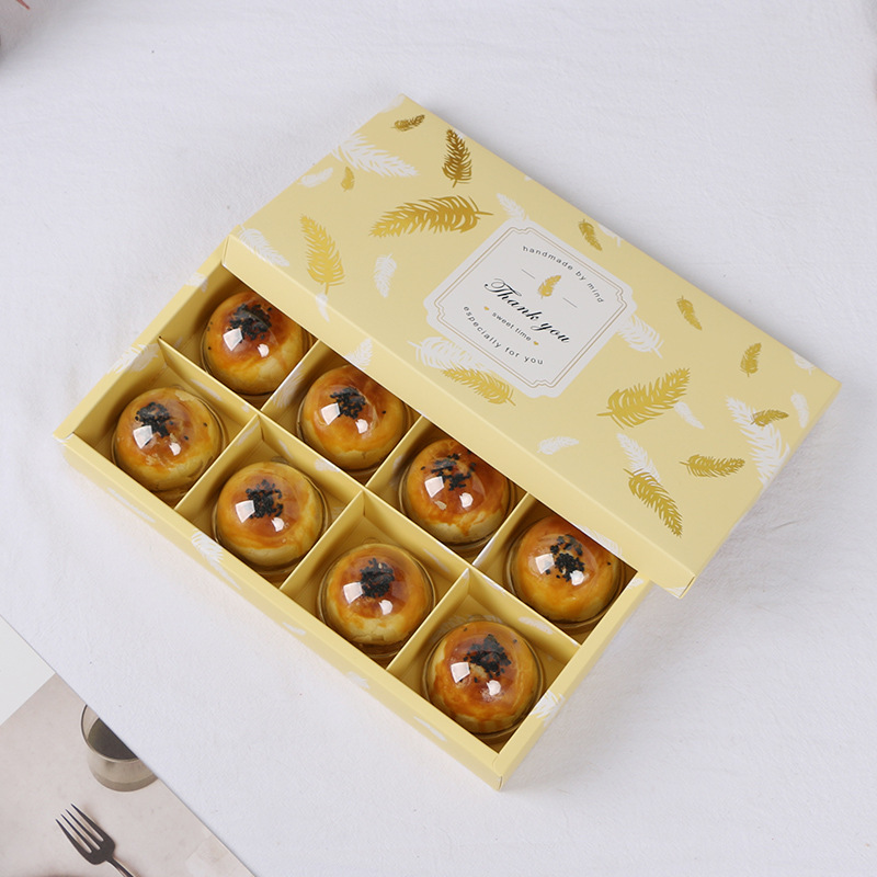 Largo 4/8 piezas dorado pluma Festival del Medio Otoño helado pastel de Luna caja de embalaje caja de regalo Cielo y Tierra cubierta horneando yema de huevo caja crujiente
