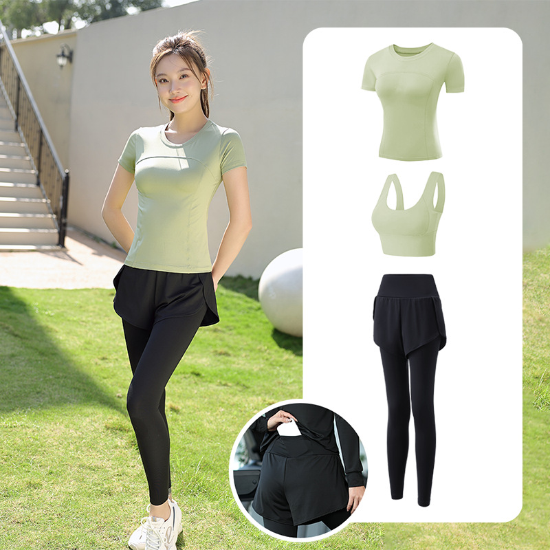 Trajes de yoga para mujeres de verano para correr ropa deportiva suelta rápida ropa seca bolsillo para correr trajes de mujeres de la mañana para correr comercio exterior