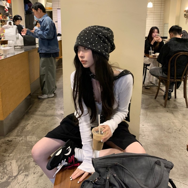 韩系博主慵懒风波点冷帽窄版围脖保暖显脸小针织帽毛线帽堆堆帽女|undefined