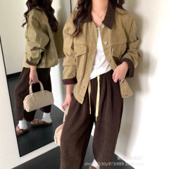 复古撞色翻领夹克上衣女2025秋季新款高级感宽松休闲牛仔外套LA52