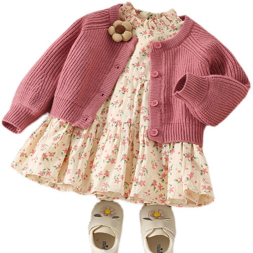 Sweet and stylish two-piece set for girls: autumn sweater coat for little girls + floral dress, new style