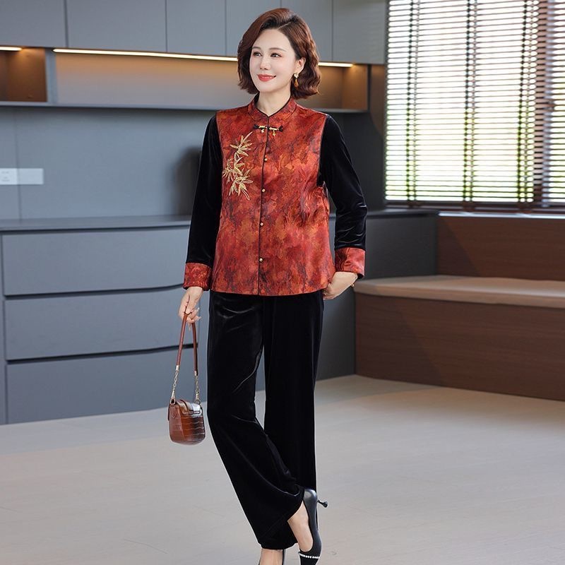 新款春秋装妈妈国风中式金丝绒马甲洋气三件套中老年女装时尚套装|undefined