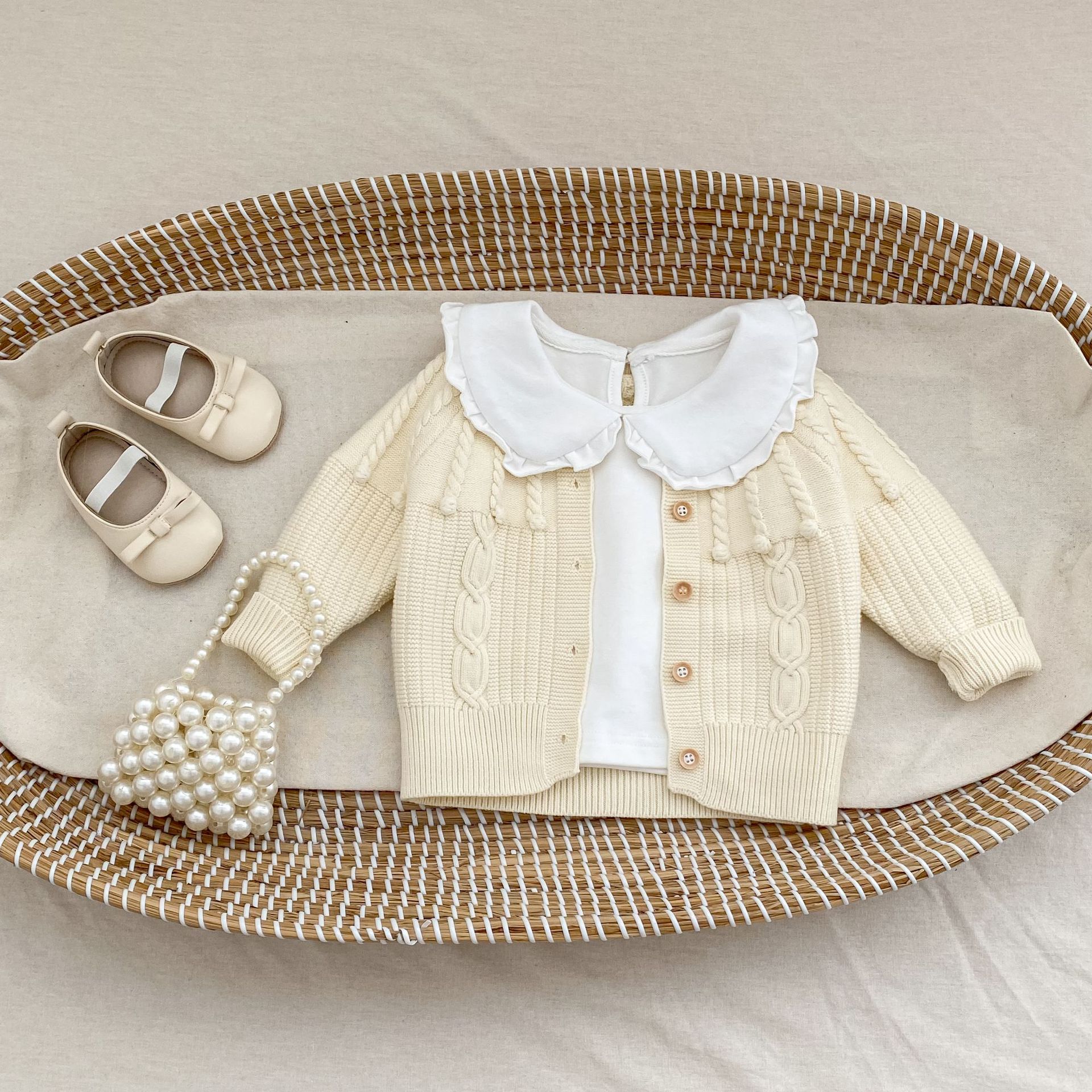 Infant Women's Sweater Hand-hook Bubble Ball Knitted Romper And Coat Two-piece Set