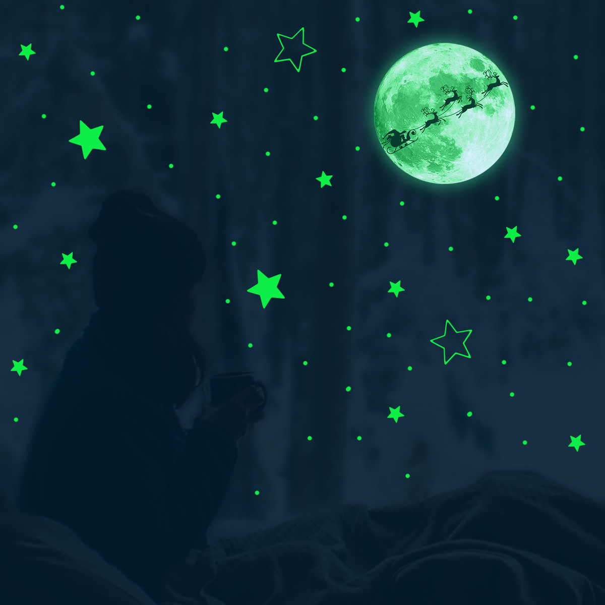 Leuchtender Weihnachtsmann Wandaufkleber Mit Mond Und Sternen_voghion.com