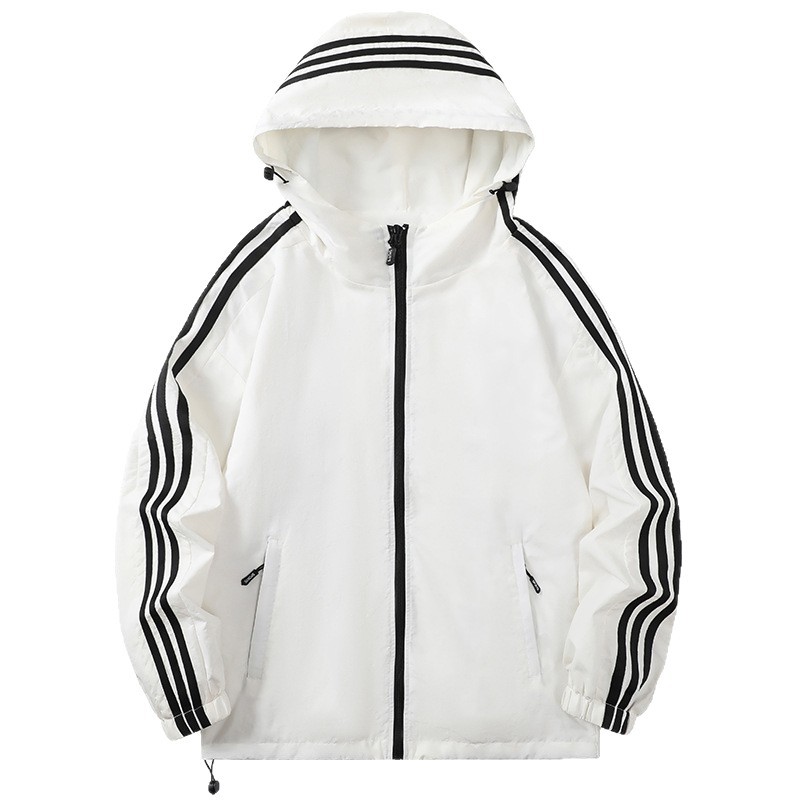 Chaqueta de tres rayas para hombre, estilo transfronterizo, para primavera y otoño, con capucha, de marca, personalizada, versátil, informal, de talla grande, a la moda.