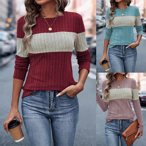 Women's Fashion 2025 Spring New Arrival Amazon TEMU Independent Site Casual Colorblock Ribbed T-Shirt with Round Neck for Women