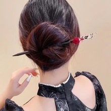 古风红色玫瑰流苏发簪女生高级感旗袍发钗新中式日常盘发簪子头饰