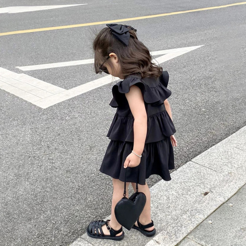 Girls' Vest Dress, Black Princess Style 2024 Summer New Arrival – Chic Kids' Ruffled One-Piece Dress with Tiered Layers