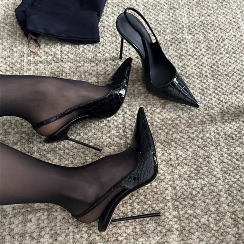 Pointed-Toe Slingback High Heels, Crocodile Pattern, 7 or 9 cm Stiletto, Sizes 34–40