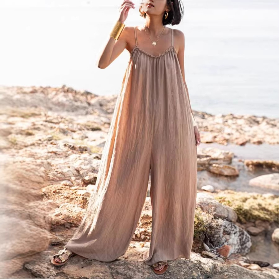 Women's Loose Fit Backless Halter Linen Jumpsuit – Casual Beach Resort Romper For Summer_ecoleips.com