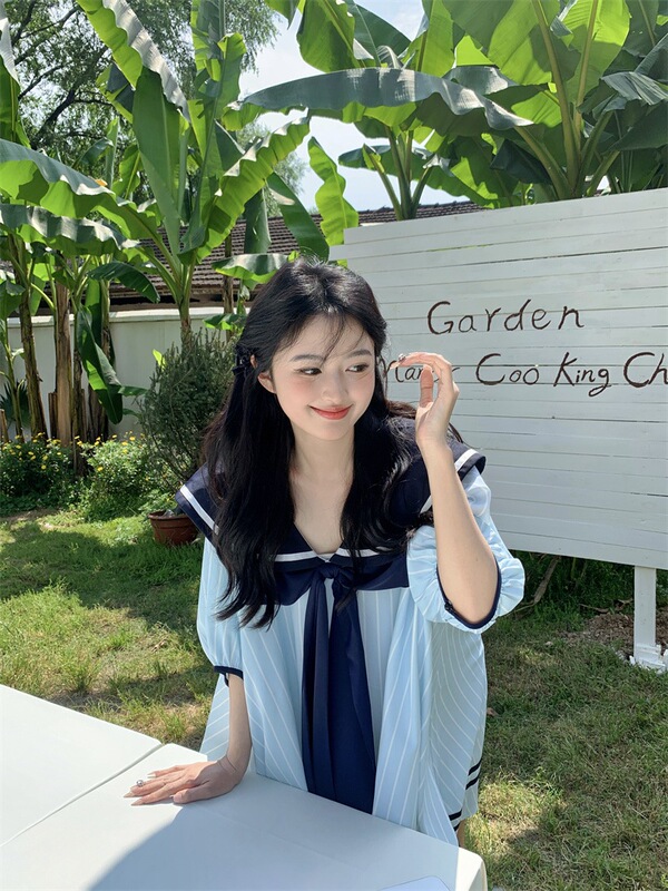 Korean Chic~New Korean-Style Sweet and Youthful Navy Collar Dress with Three-Dimensional Bow and Loose Fit