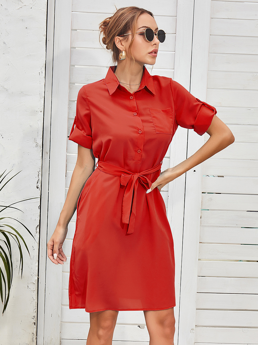 Belt Solid Color Shirt Dress NSAL48488