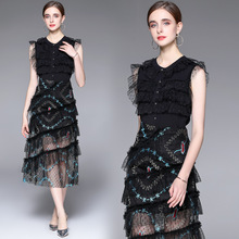 跨境专供2022夏季新款重工刺绣黑色网纱轻奢套装裙半身裙两件套