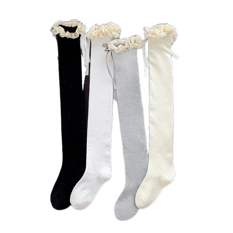 Botas de algodón sobre la rodilla calcetines de mujer Lolita encaje arco puro de la juventud floppy leche blanco ballet calcetines muslos