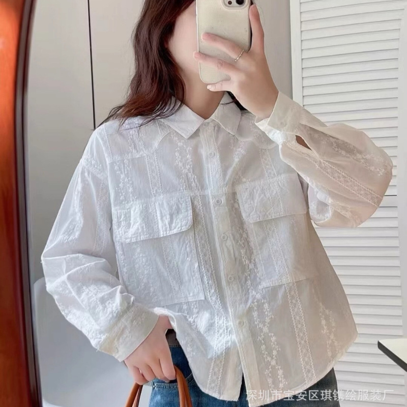 韩版气质V领刺绣单排扣长袖衬衫女 2025秋季新款休闲宽松显瘦上衣|undefined