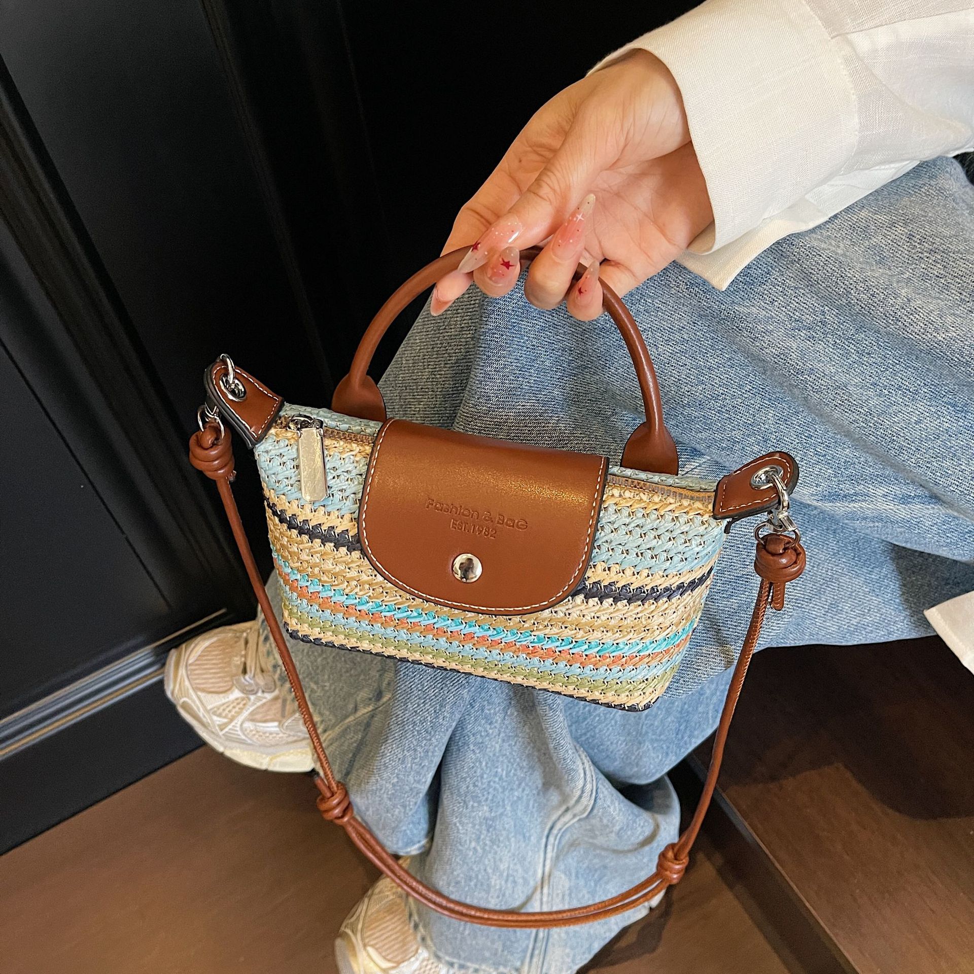 Zomer regenboog stro handtas dames geweven schoudertas_voghion.com