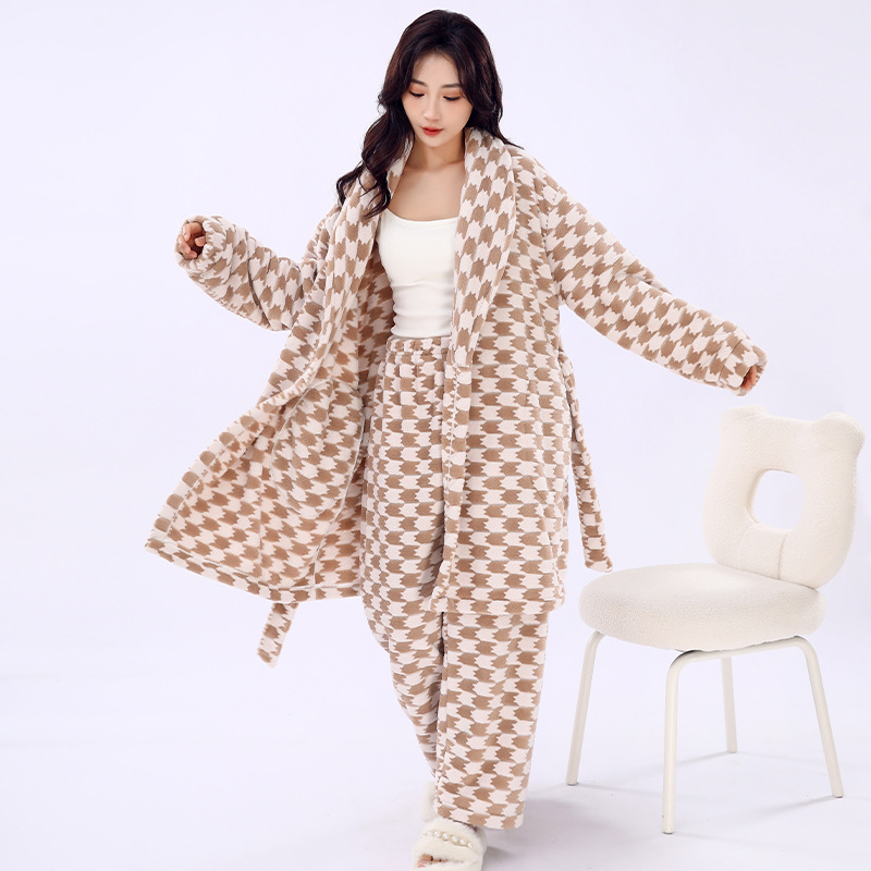 남성과 여성을위한 가을과 겨울 새로운 산호 양털 두꺼운 하운스 나이트 가운 긴 따뜻한 목욕 가운 세트 커플 잠옷