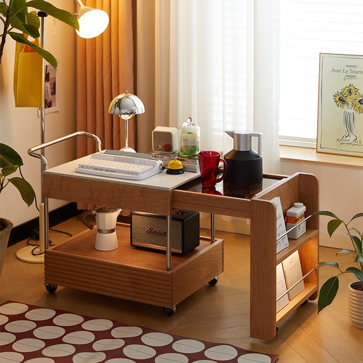 伸缩实木日式小推车茶几