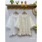 夏季 日系文艺范刺绣衬衫圆领镂空拼接蕾丝百搭套头短袖上衣