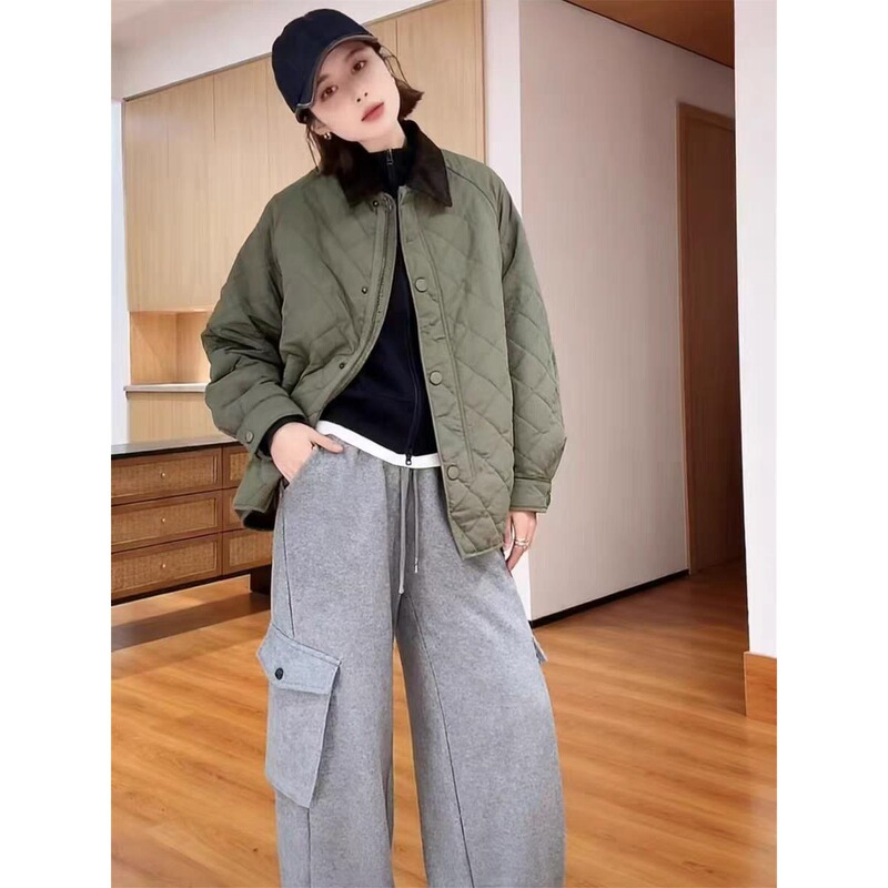 韩版翻领菱格棉服外套女2025秋季新款宽松休闲小个子夹棉轻薄棉衣|undefined