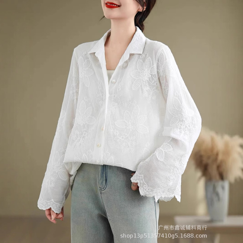 New Artistic Fresh Long-sleeved Cotton Shirt Women's Three-dimensional Embroidery Irregular Lace Solid Color Base Shirt