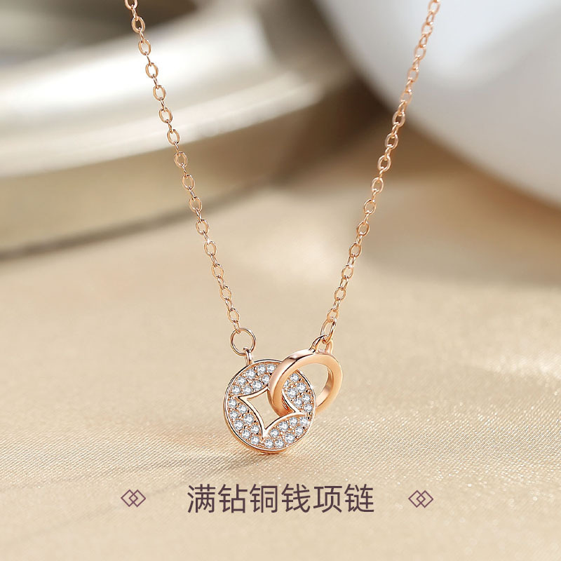 S925 plata de ley nuevo collar de hebilla de moneda de cobre de diamante completo de estilo chino clásico con hebilla de doble anillo para mujer cadena de clavícula joyería creativa