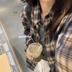 藏青色复古格子衬衫韩版宽松大版显瘦格子衬衫复古百搭中长款衬衣