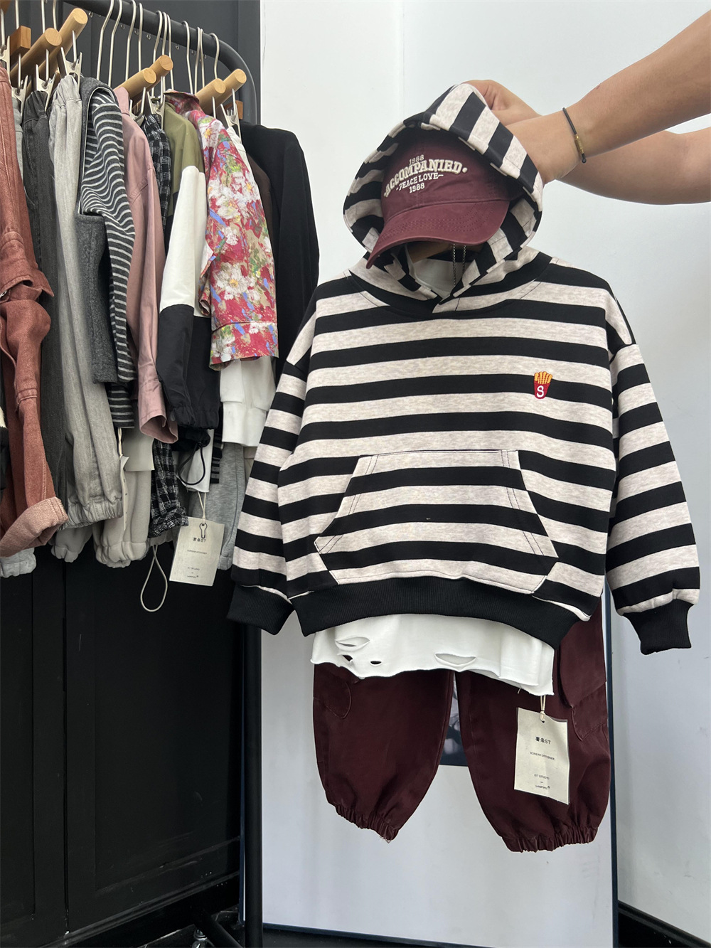Felpa con cappuccio a righe con patatine fritte americane per bambini, per ragazzi e ragazze, stile autunnale, felpa con cappuccio a maniche lunghe_voghion.com