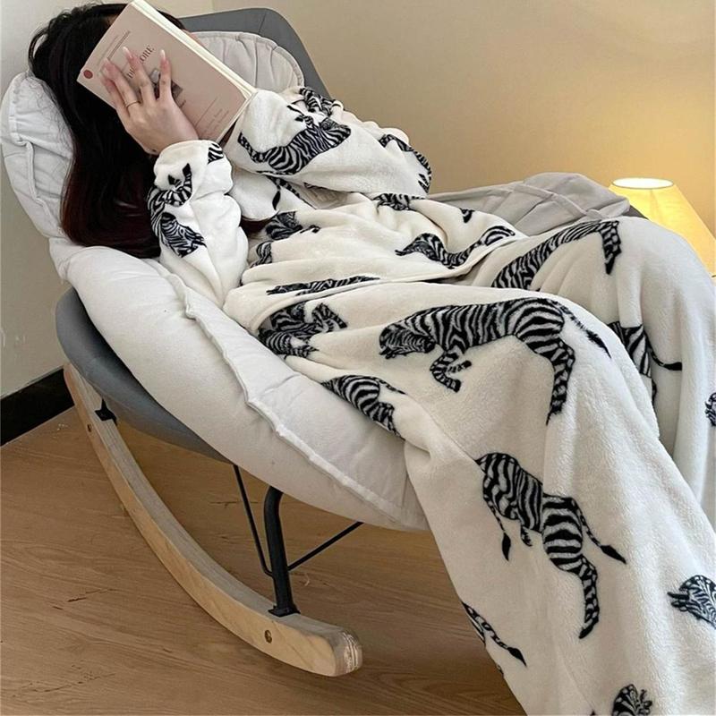 法式轻奢斑马印花法兰绒睡衣秋冬季女士加厚珊瑚绒家居服套装大码|undefined