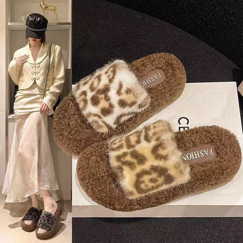 ヒョウ柄の厚い底の毛のスリッパの女性の秋冬の新型の外はファッションの綿のスリッパの家庭とベルベットの保温の1字を着ます。|undefined