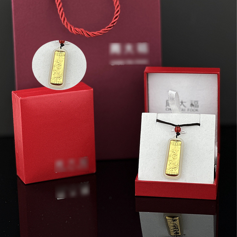 Dragon and Phoenix Pillar with Gold-Inlaid Jade Pendant, 3D Footed Dragon and Phoenix Coin Pendant for Couples, Men and Women, Jade Pendant Wholesale