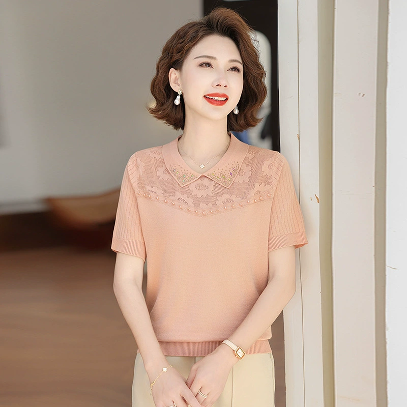 День матери мама летняя футболка с короткими рукавами из ледяного шелка 2025 новый средний и пожилой женский летний свитер с тонким отворотом