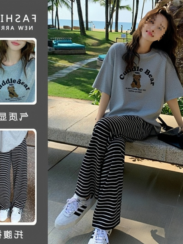 Fashionable Maternity Outfit That Can Be Worn after Giving Birth, Two-Piece Set, Summer Striped Wide-Leg Pants, T-Shirt, Short-Sleeved Maternity Top