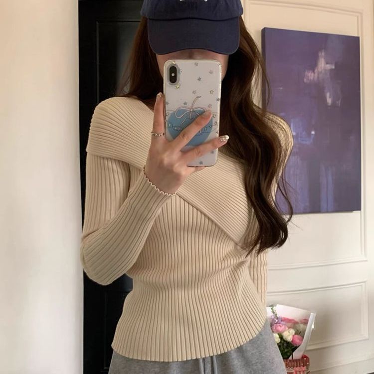 纯色交叉V领针织打底衫女早秋季设计感锁骨修身显瘦毛衣内搭上衣|undefined