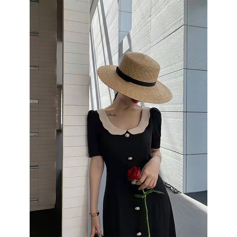 ChicShe French Hepburn Plus Size European And American Style Doll Collar Loose Mid-Length Single-Breasted Summer Black Dress_voghion.com