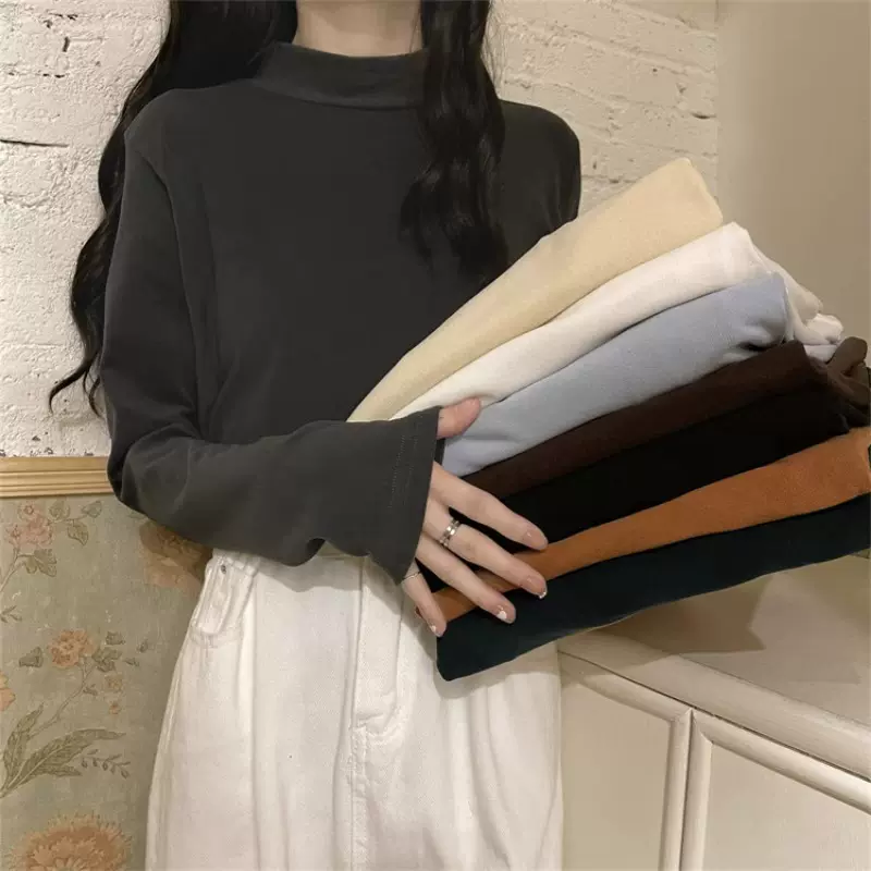 德绒修身保暖半高领打底衫女加绒加厚春秋冬季内搭长袖t恤上衣潮