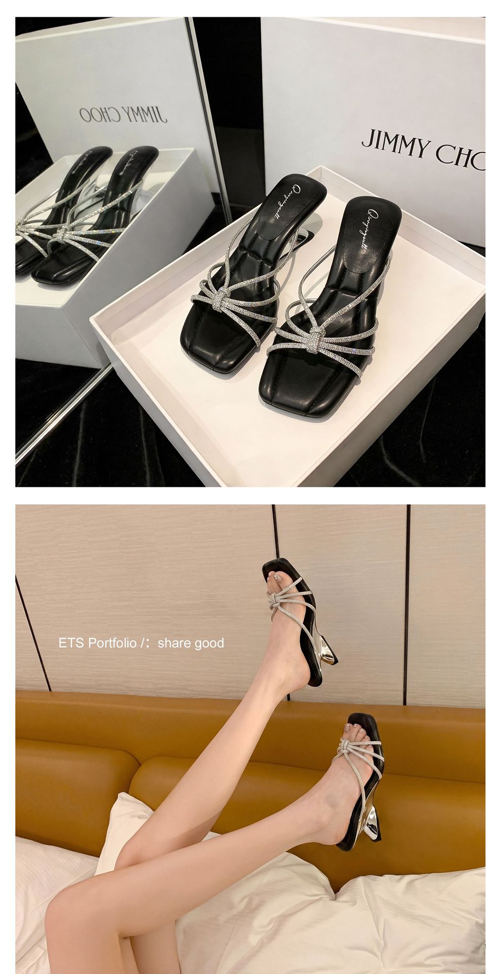 Sandal cao gót nữ mũi vuông quai ngang đính đá pha lê gót xuồng 9 cm — màu đen, màu trắng ngà, màu nude chi tiết 12