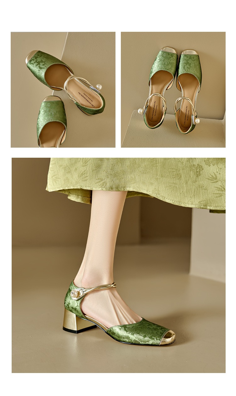Sandal cao gót nữ bít mũi da bò phong cách Trung Hoa mới, quai ngang một dây, gót vuông ổn định — Màu xanh lá chi tiết 7