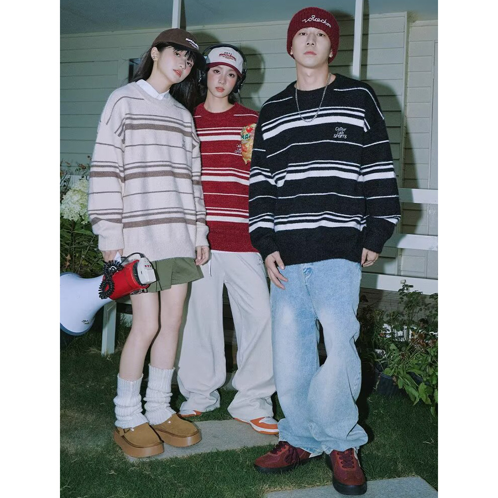 Stripes de acero suave suéter de punto glutinoso hombre bordado letras de marca de tendencia perezosas suéter de otoño y invierno fábrica transfronteriza al por mayor image 3