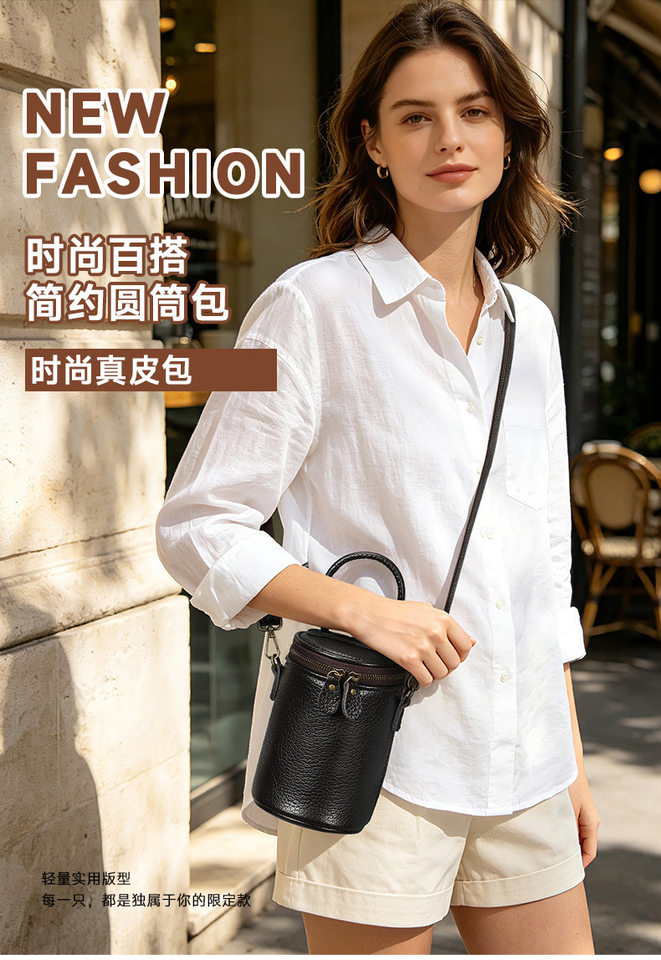 Túi xô tròn da thật nữ đeo vai xách tay đeo chéo phong cách retro cỡ trung — Cà phê, màu xám, màu đen chi tiết 8