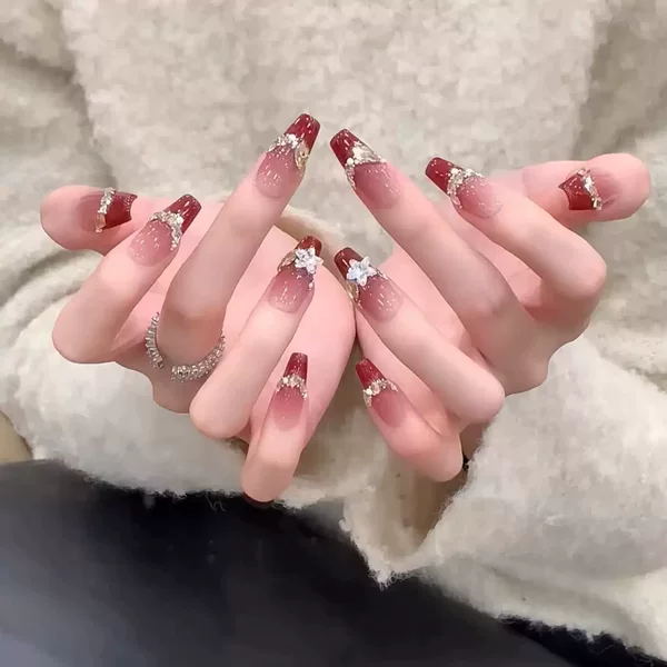 Bride's Wedding Dress for Photoshoot, High-End Light Luxury Retro Red French Style, Dazzling Temperament, Skin-Brightening, Detachable and Wearable Nail Polish Finished Product
