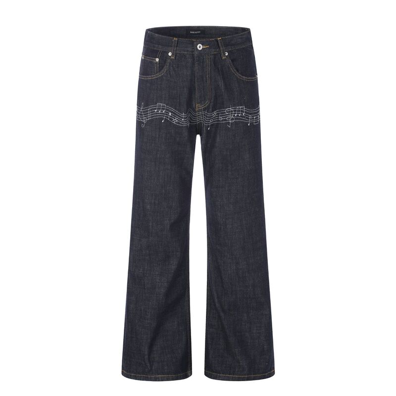 11Kn American-Style Raw Denim Blue Flared Jeans for Men and Women, Street Style Slim Fit with Letter and Musical Note Embroidery, Trendy Casual Long Pants