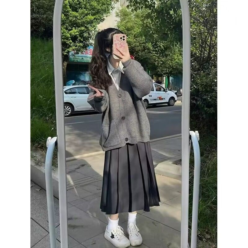 임산부의 가을 세트 한국식 대학 스타일 느슨한 스웨터 카디건 재킷 배꼽 지원 스커트 외국식 투피스 세트