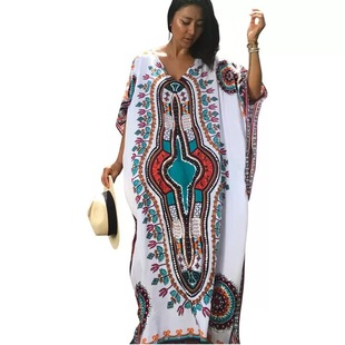 Cross-Border Bohemian V Neck Positioning Printed Loose Holiday Robe Beach Skirt Bikini Sun Protection Cover-Up M21