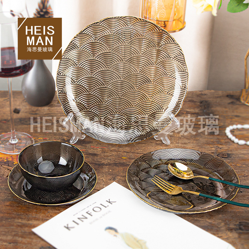 High-quality, Beautiful Cloud Pattern Glass Bowls and Plates, Fruit Salad Bowl, Popular Crystal Round Plates, Gold-Edge Dining Plates, Wholesale and Dropshipping