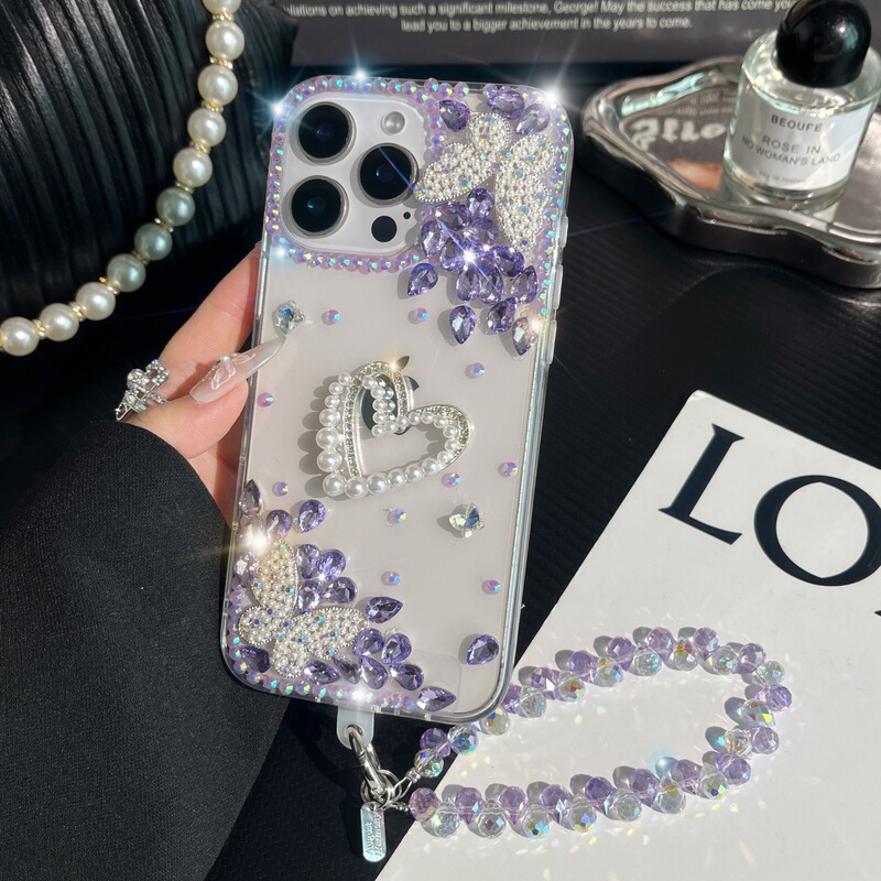 Butterfly Pearl Heart 17Promax Rhinestone Phone Case Suitable for Iphone16 Apple 15 Light Luxury Ins Style 14P